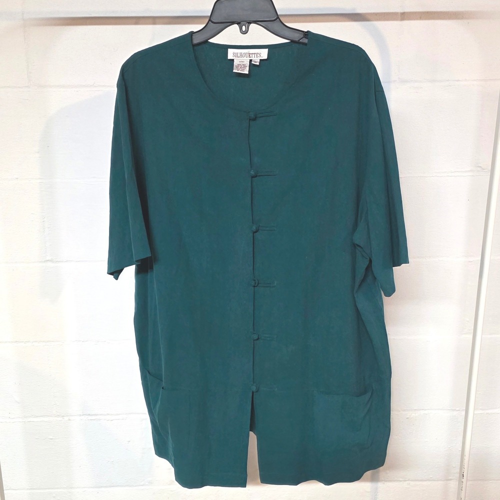 Silhouettes Women 1X 100% Silk Oriental Style Tunic Teal Green Frog Knot Closure